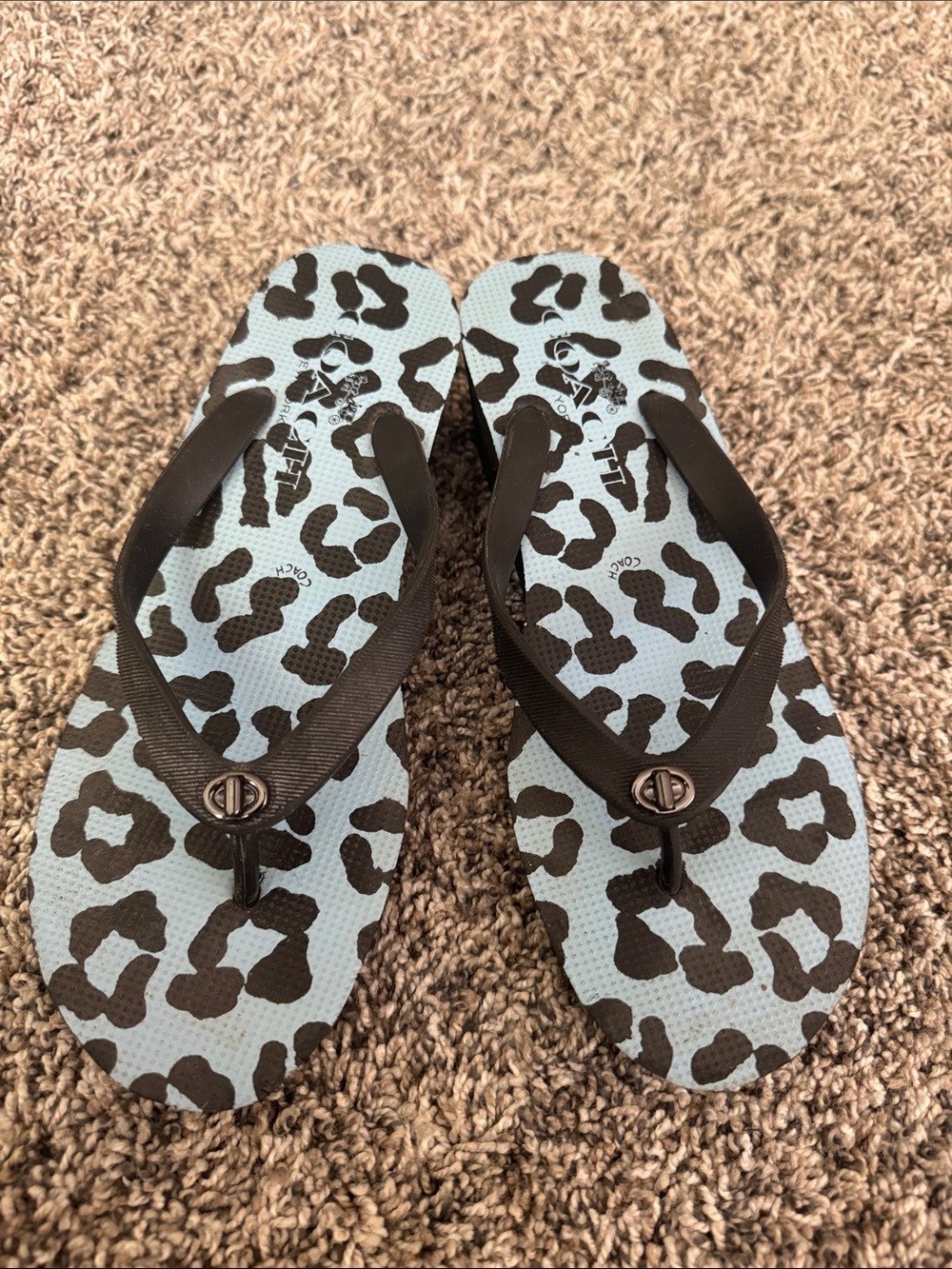 Coach Light Blue and Black Leopard Print Flip Flop Sandals